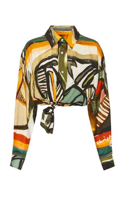 Shop Christopher Esber Ruched Bandana Scarf Cropped Silk Shirt In Multi