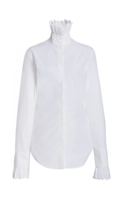 Shop Rabanne Women's Ruffled Cotton Poplin High-neck Shirt In White