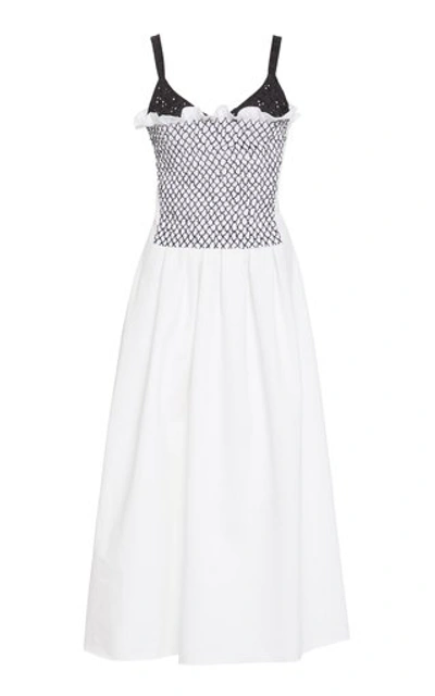 Shop Marina Moscone Smocked Cotton-blend Midi Dress In White