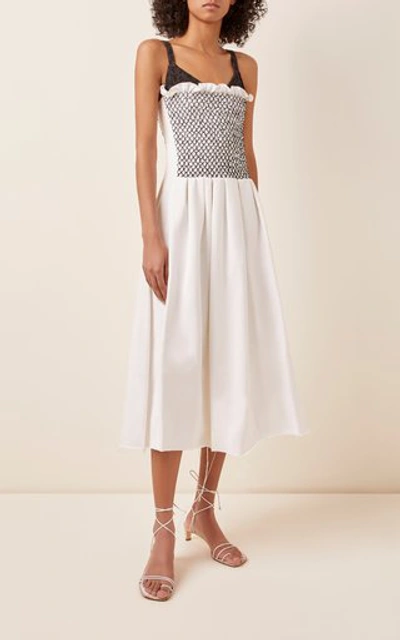 Shop Marina Moscone Smocked Cotton-blend Midi Dress In White