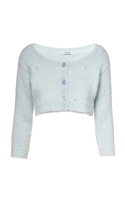 Shop Miu Miu Diamante Embroidered Mohair-knit Cropped Cardigan In Blue