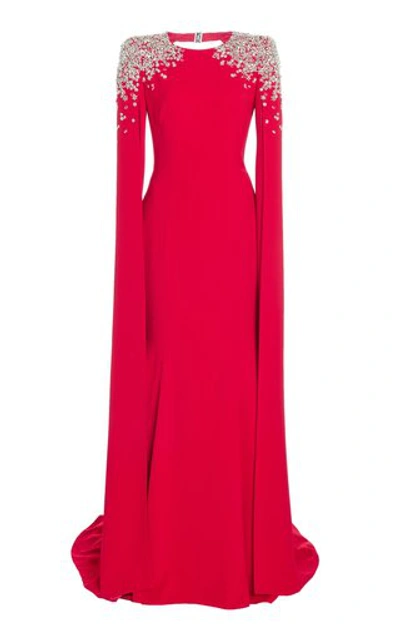 Shop Jenny Packham Yva Cape-sleeve Crystal-embellished Crepe Gown In Red