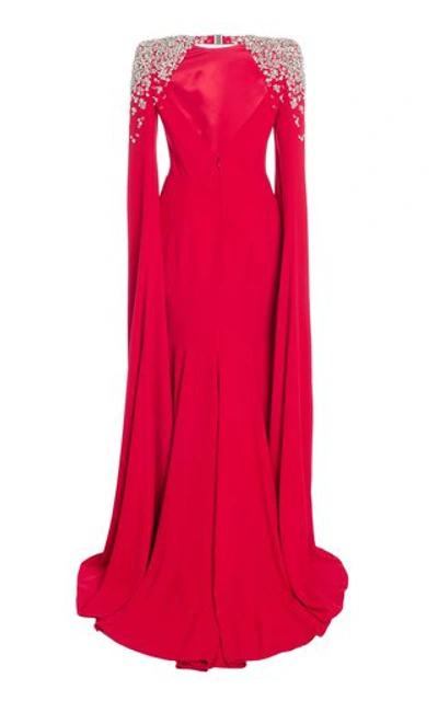 Shop Jenny Packham Yva Cape-sleeve Crystal-embellished Crepe Gown In Red