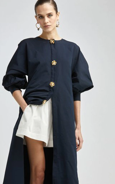Shop Oscar De La Renta Women's Puff-sleeve Longline Cotton Shirt In Navy