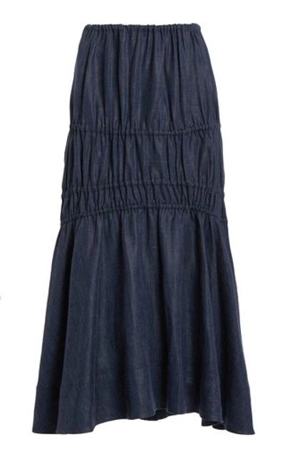 Shop Brock Collection Women's Susanna Ruched Linen-blend Chambray Midi Skirt In Blue