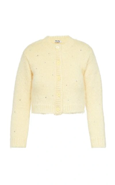 Shop Miu Miu Diamante Embroidered Mohair-blend Cardigan In Yellow