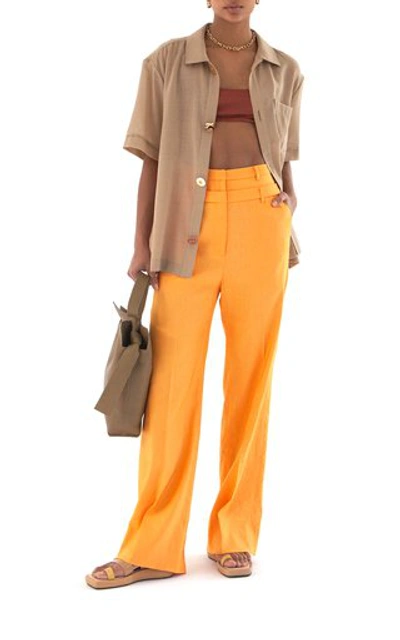 Shop Rejina Pyo Women's Laila Double-waist Cotton-linen Blend Wide-leg Trousers In Orange