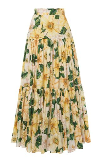 Shop Dolce & Gabbana Women's Camellia-print Cotton Tiered Maxi Skirt In Floral