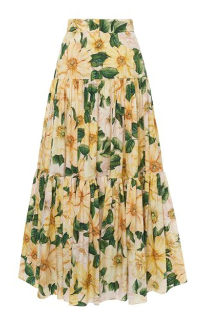 Shop Dolce & Gabbana Women's Camellia-print Cotton Tiered Maxi Skirt In Floral