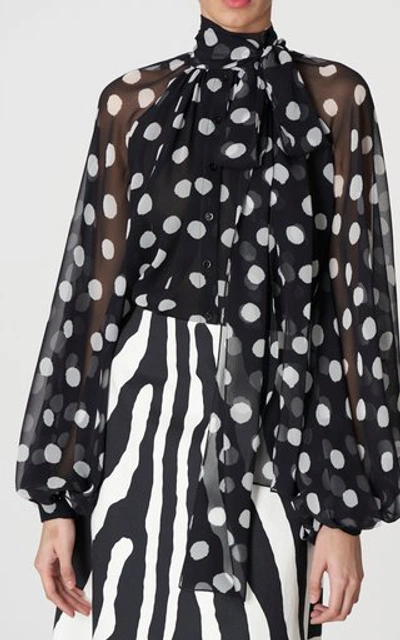 Shop Carolina Herrera Women's Polka Dot Tie-neck Silk Blouse In Black/white