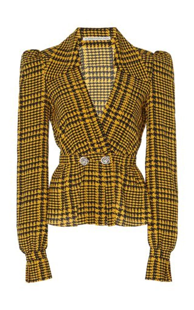 Shop Alessandra Rich Houndstooth Peplum Silk Top In Yellow