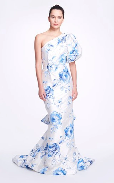 Shop Marchesa Floral Crepe De Chine One- Shoulder Gown In Blue
