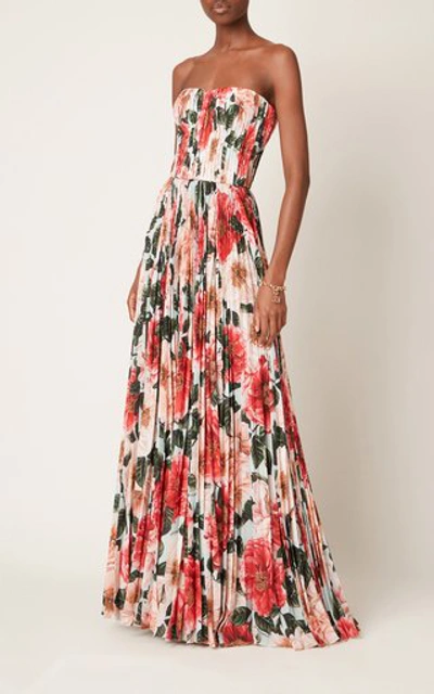 Shop Dolce & Gabbana Women's Pleated Camellia-print Silk Strapless Gown In Floral