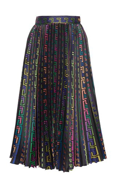 Shop Versace Women's Pleated Logo-print Twill Midi Skirt In Multi