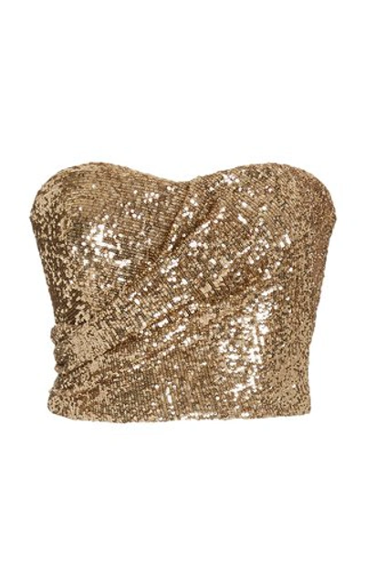 Shop Semsem Draped Sequin-embellished Strapless Bustier Top In Gold