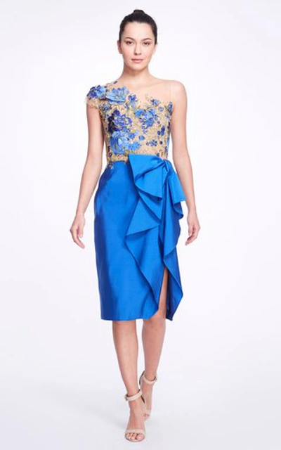 Shop Marchesa Asymmetric Floral Silk Dress In Blue