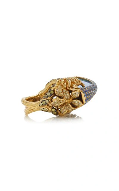 Shop Wendy Yue Lattice Fan 18k Yellow Gold Multi-stone Ring In Blue