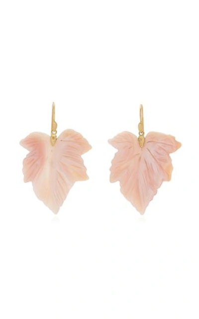 Shop Annette Ferdinandsen Fancy Leaf 18k Yellow Gold Mother-of-pearl Earrings In Pink