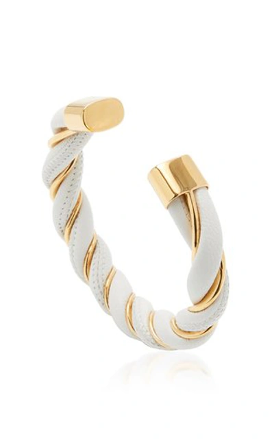 Shop Bottega Veneta Women's Twisted Leather And Gold Plated Sterling Silver Cuff In White