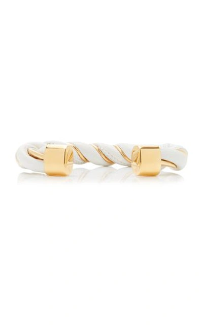 Shop Bottega Veneta Women's Twisted Leather And Gold Plated Sterling Silver Cuff In White