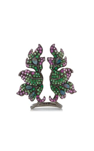 Shop Wendy Yue Double Foliage 18k White Gold Multi-stone Ring In Green