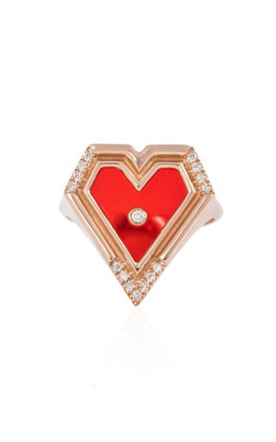 Shop L'atelier Nawbar Super Heart 18k Rose Gold Agate Diamond Ring In Red