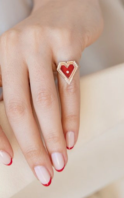 L'atelier Nawbar Super Heart 18k Rose Gold Agate Diamond Ring In Red