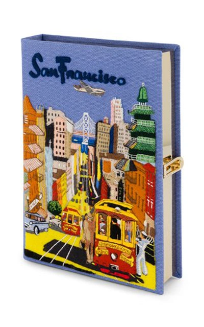 Shop Olympia Le-tan San Francisco Embroidered Book Clutch In Blue