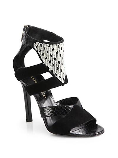 Tamara Mellon Talisman Embellished Suede And Elaphe Sandals In Black-silver
