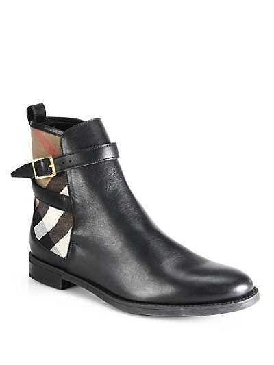 Burberry Richardson Leather & Check Canvas Ankle Boots In Black