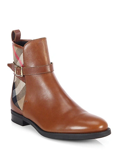 Shop Burberry Richardson Leather & Check Canvas Ankle Boots In Chestnut