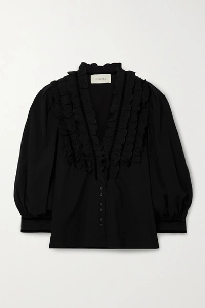 Shop The Great The Tuxedo Ruffled Velvet-trimmed Crinkled Cotton-voile Blouse In Black