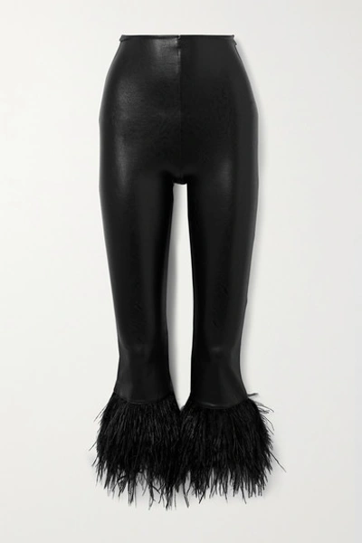 Shop Commando Feather-trimmed Faux Leather Leggings In Black