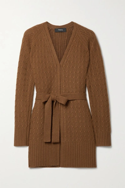 Shop Theory Malinka Belted Cable-knit Cashmere Cardigan In Brown