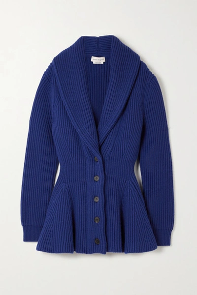 Shop Alexander Mcqueen Ribbed Wool Cardigan In Blue