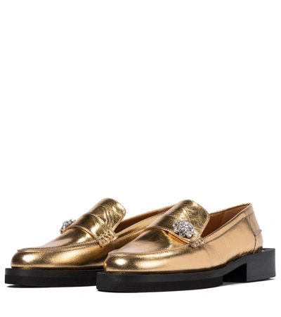 Shop Ganni Jewel Metallic Leather Loafers In Gold