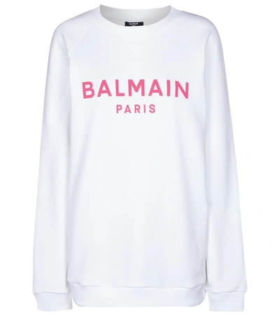 Shop Balmain Logo Cotton Jersey Sweatshirt In White