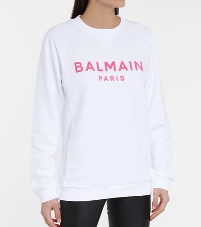 Shop Balmain Logo Cotton Jersey Sweatshirt In White