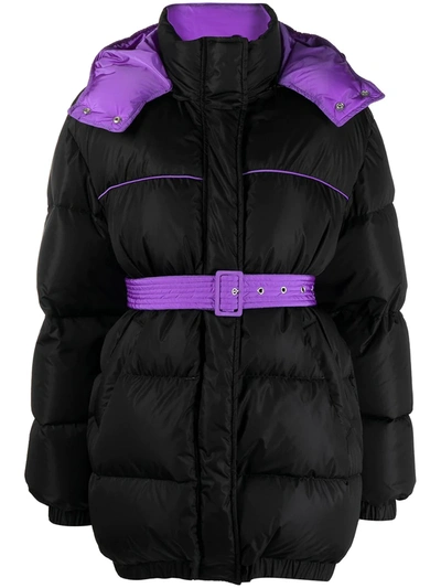 Shop Msgm Colour-block Belted Down Jacket In Black