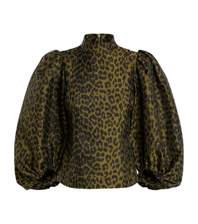 Shop Ganni Leopard Print Puff-sleeved Top