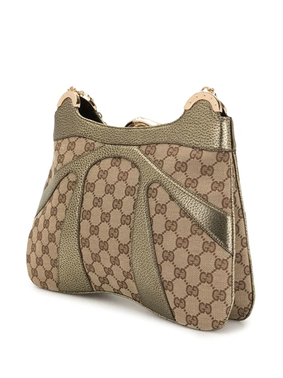 Pre-owned Gucci Metallic Bamboo Detail Monogram Shoulder Bag In Brown
