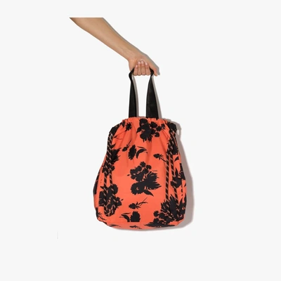 Shop Ganni Red Floral Print Drawstring Tote Bag