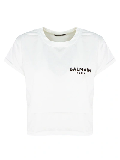 Shop Balmain White Cotton Cropped T-shirt In Bianco