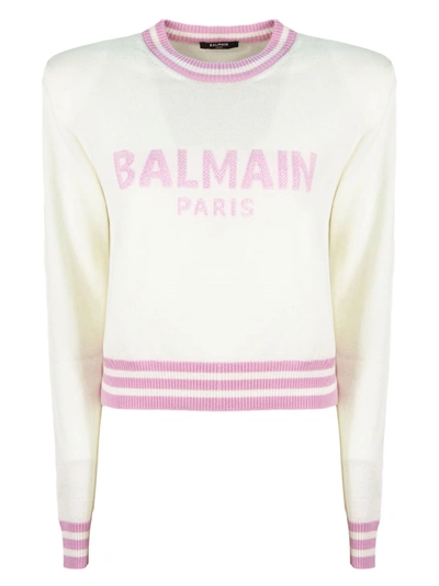Shop Balmain White Wool Cashmere Jumper In Panna+rosa