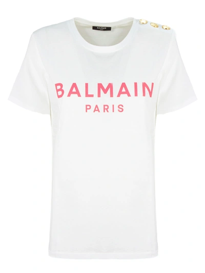 Shop Balmain White Cotton T-shirt In Bianco+rosa