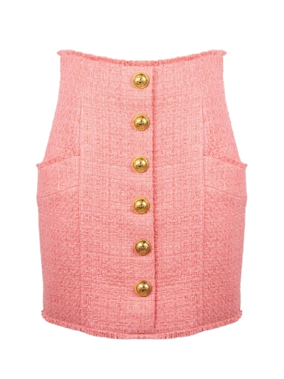 Shop Balmain Rose Pink Cotton Blend Tweed Skirt In Rosa