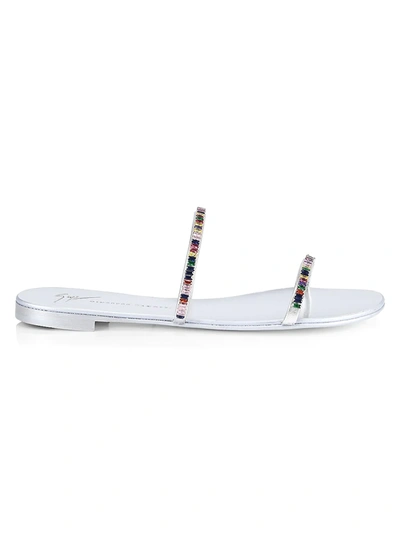 Shop Giuseppe Zanotti Colorful Crystal-embellished Metallic Leather Slides In Silver