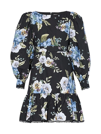 Shop Erdem Floral Puff-sleeve Dress In Blue Black