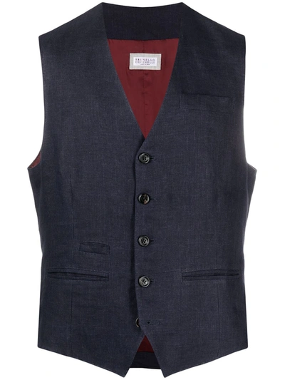 Shop Brunello Cucinelli Button Up Waistcoat In Blue