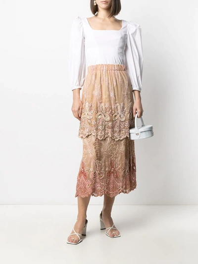 Pre-owned A.n.g.e.l.o. Vintage Cult 1980s Embroidered Layered Midi Skirt In Neutrals